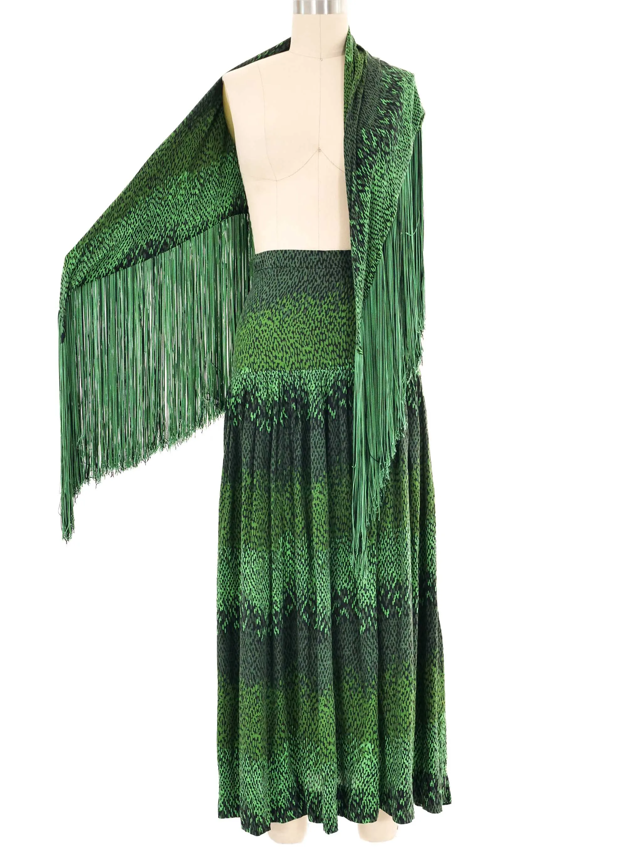 1970s Green Printed Fringed Shawl Ensemble