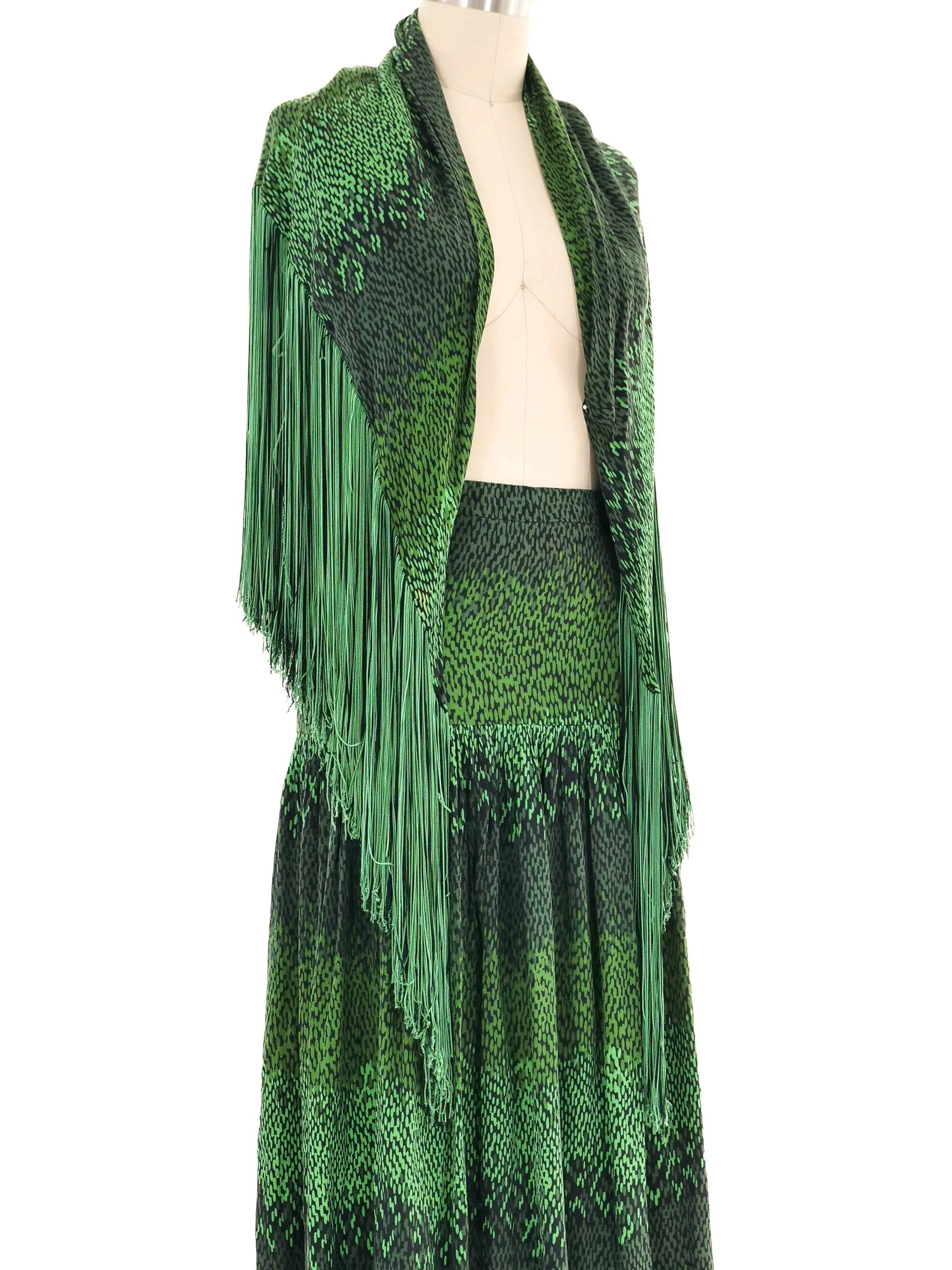 1970s Green Printed Fringed Shawl Ensemble