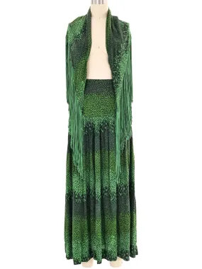 1970s Green Printed Fringed Shawl Ensemble