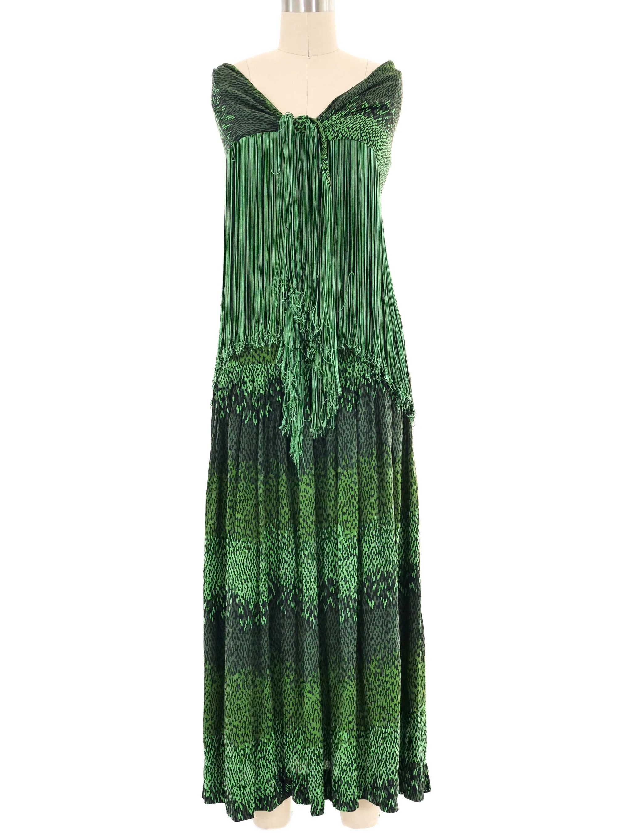 1970s Green Printed Fringed Shawl Ensemble