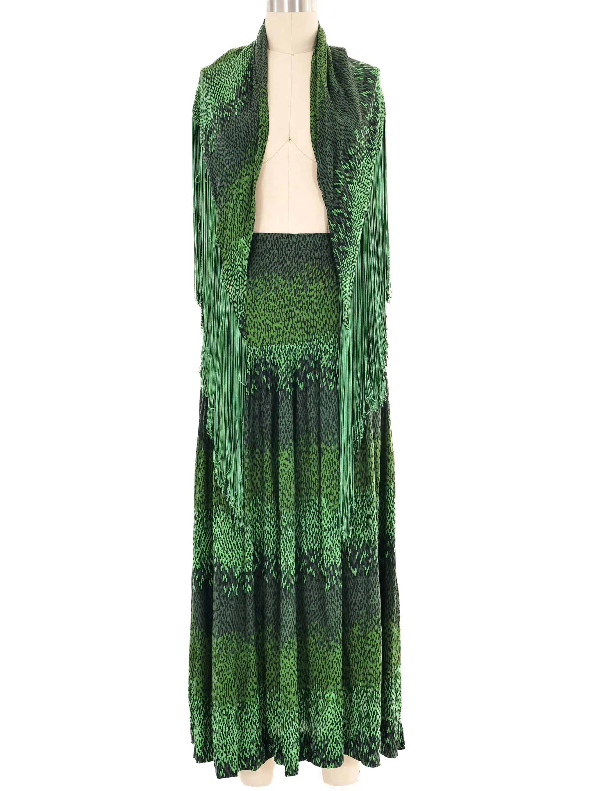 1970s Green Printed Fringed Shawl Ensemble