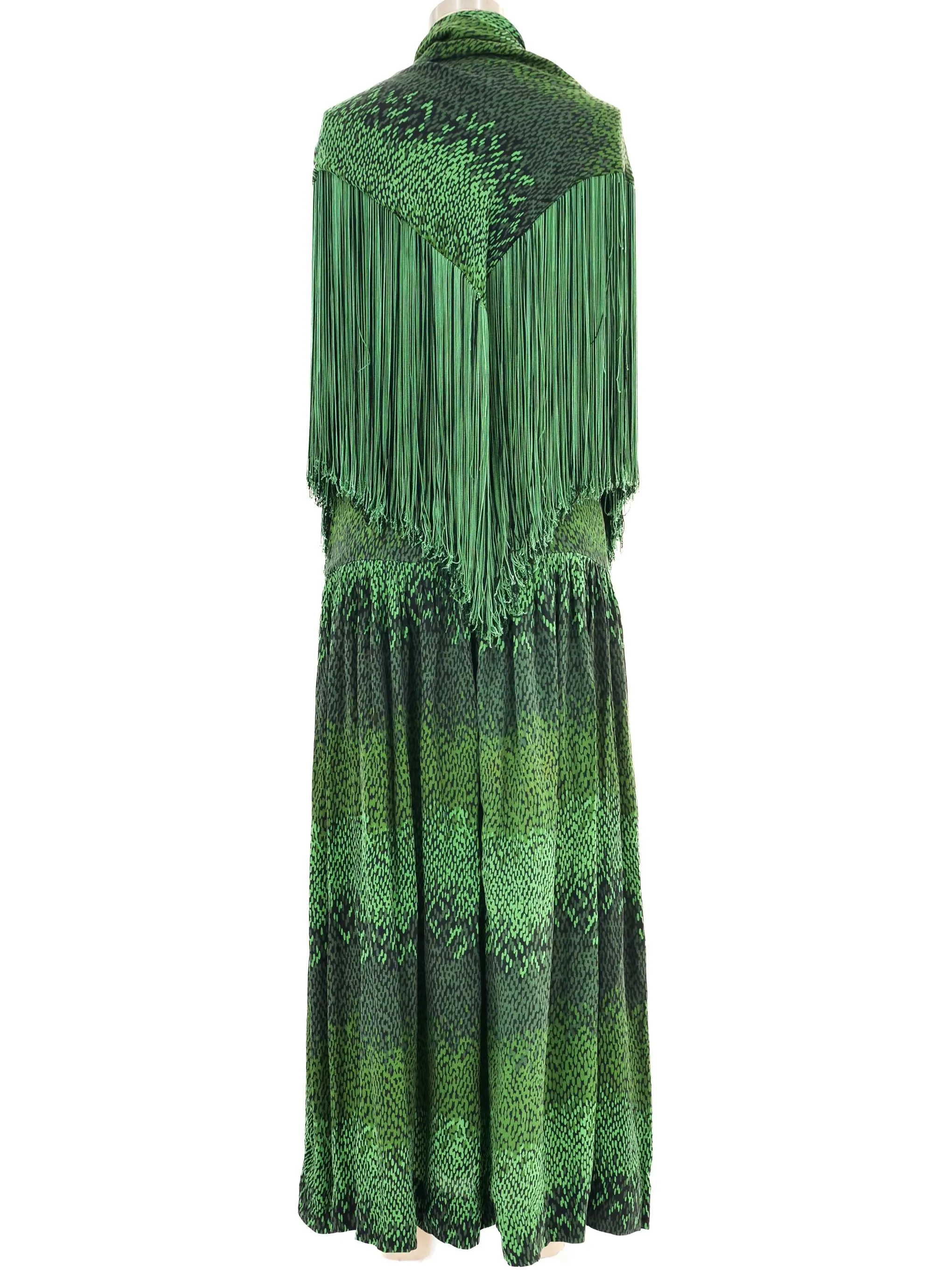 1970s Green Printed Fringed Shawl Ensemble