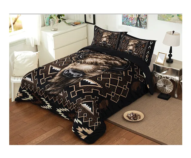 3PC Tribal Animal Design Sherpa Lined Blanket Set - Queen, King