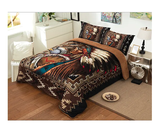 3PC Tribal Animal Design Sherpa Lined Blanket Set - Queen, King