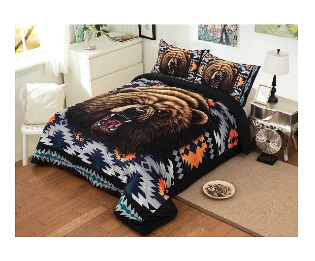 3PC Tribal Animal Design Sherpa Lined Blanket Set - Queen, King