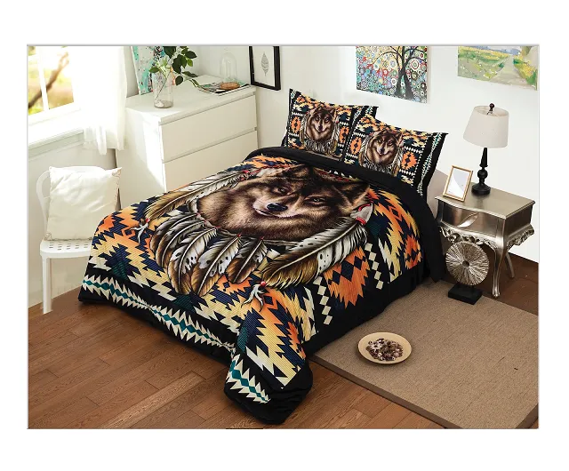 3PC Tribal Animal Design Sherpa Lined Blanket Set - Queen, King
