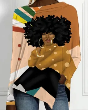 Afro Cartoon Black Girl Print Irregular Women's Top
