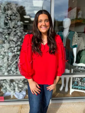 All Good Things Red V-Neck Top with Mesh Bow Long Sleeves