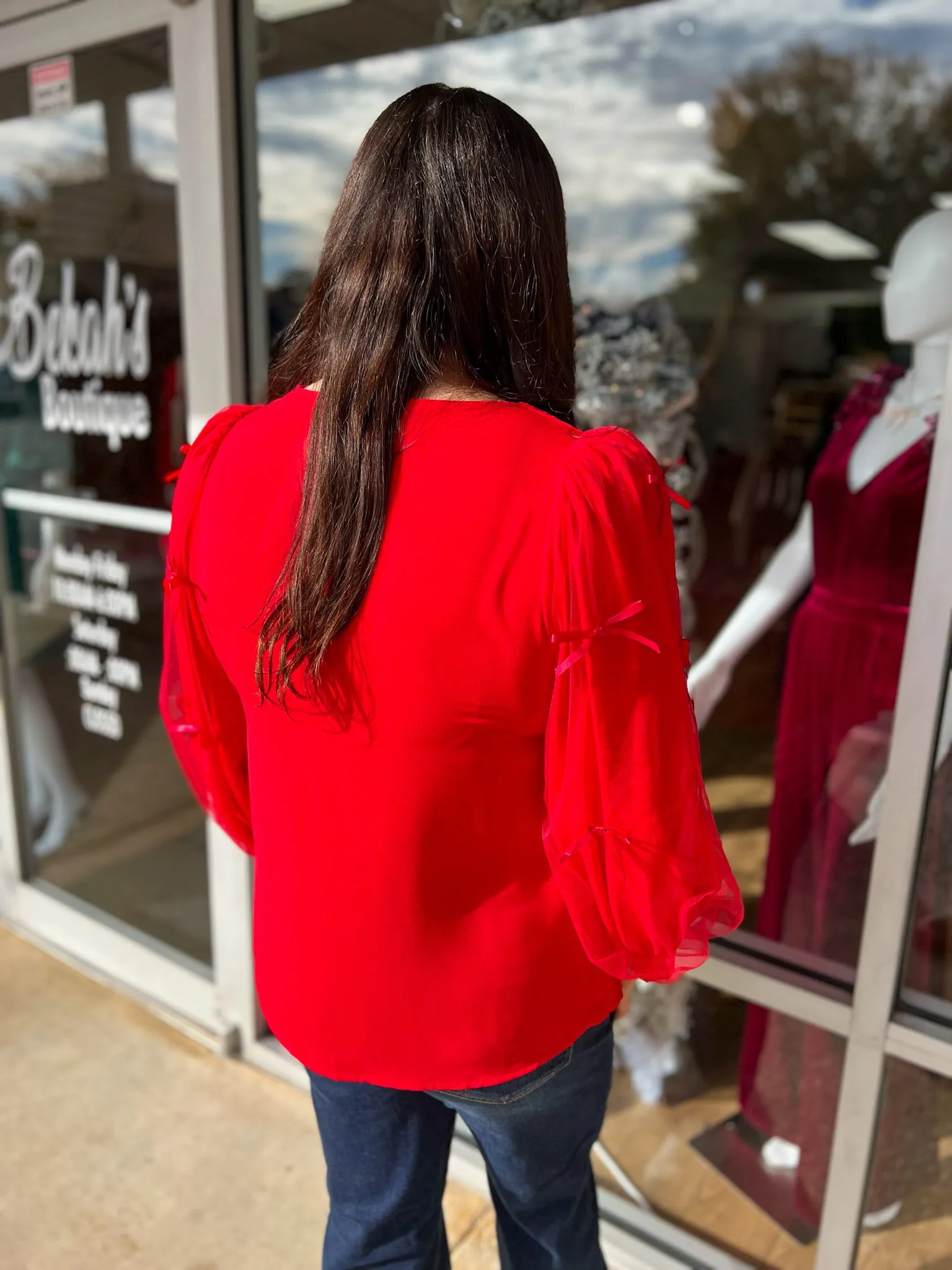 All Good Things Red V-Neck Top with Mesh Bow Long Sleeves