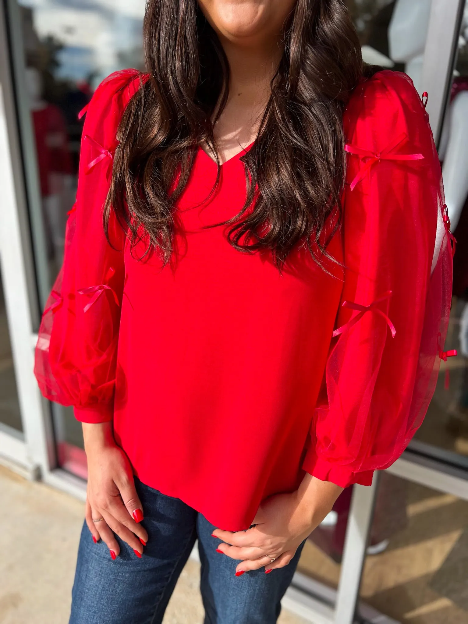 All Good Things Red V-Neck Top with Mesh Bow Long Sleeves