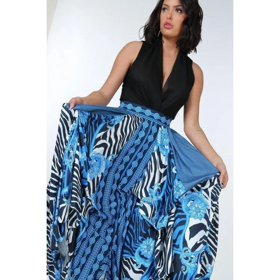 Animal Chain Print Denim Tacked Maxi Skirt In Black Gold