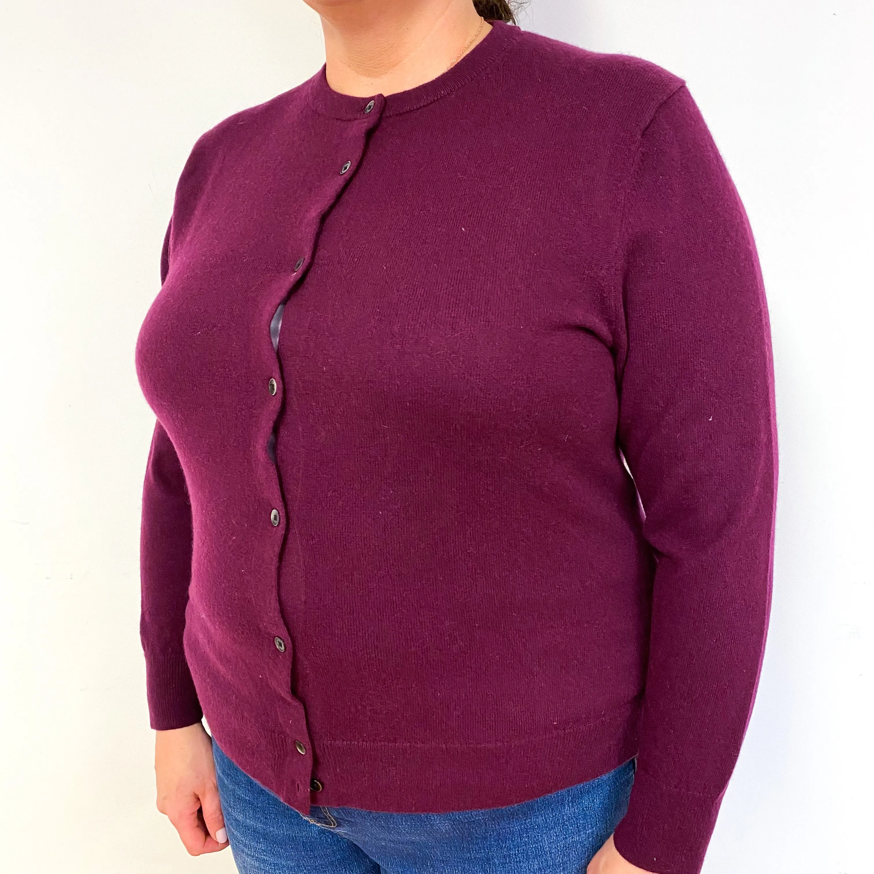 Aubergine Purple Cashmere Crew Neck Cardigan Extra Large