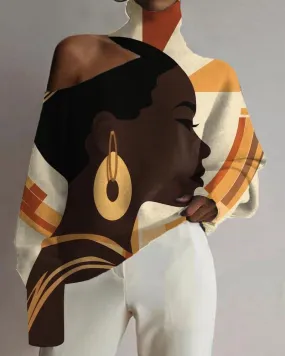 Black Girl's Off-shoulder Dress with Oil Painting and Color Matching Print