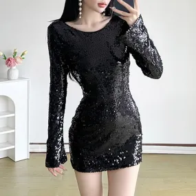 Black Sequin Bodycon Backless Mini Dress