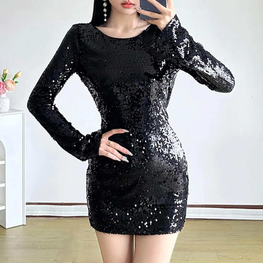 Black Sequin Bodycon Backless Mini Dress