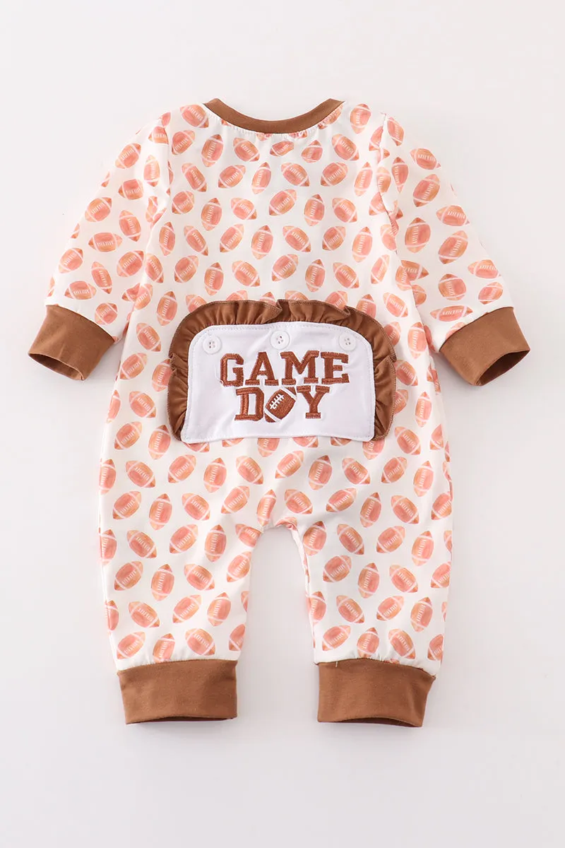 Brown Football Game Day Embroidery Girl Romper