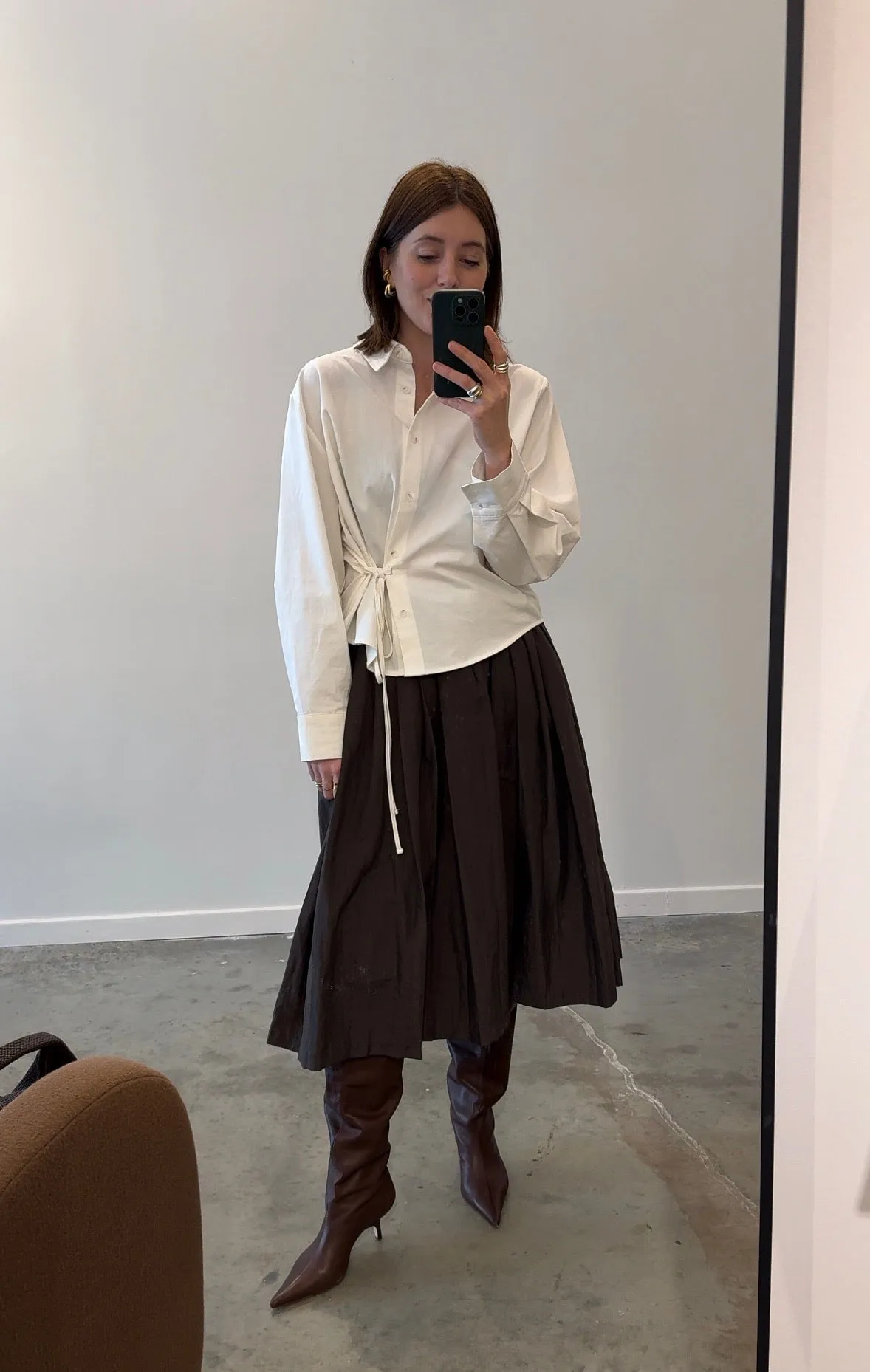 Brown Nylon Pleated Full Skirt