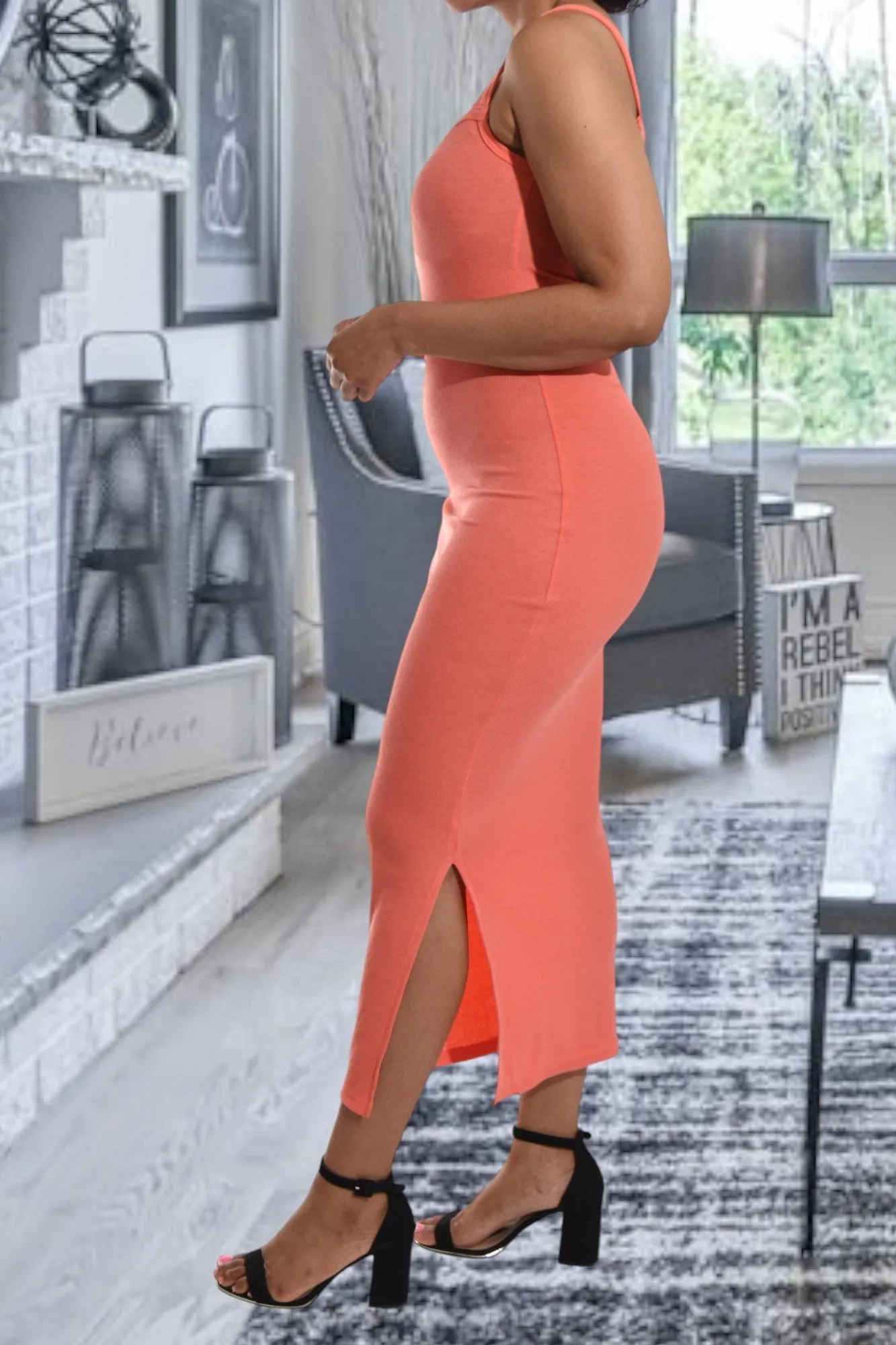 Coral Rib Bodycon Slit Dress