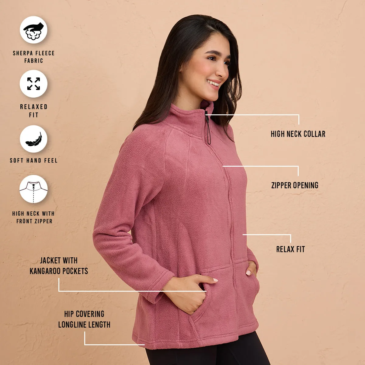 Cozy Sherpa Jacket with Zippered Front-NYLE701-Pink