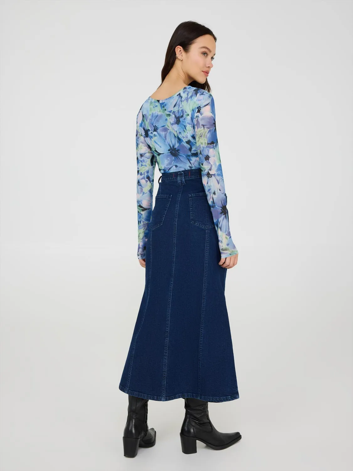 Denim Godet Maxi Skirt