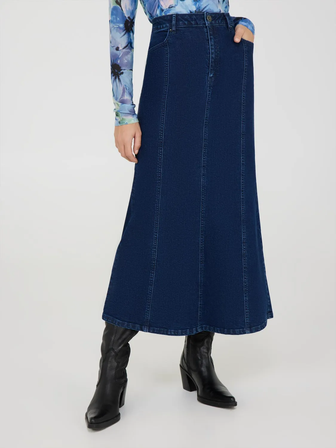 Denim Godet Maxi Skirt