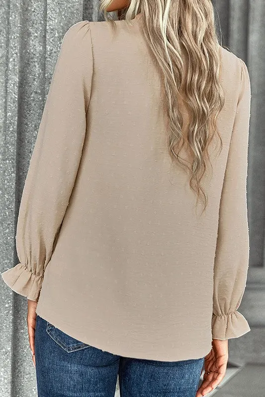 Dotted V-Neck Ruffled Sleeves Blouse