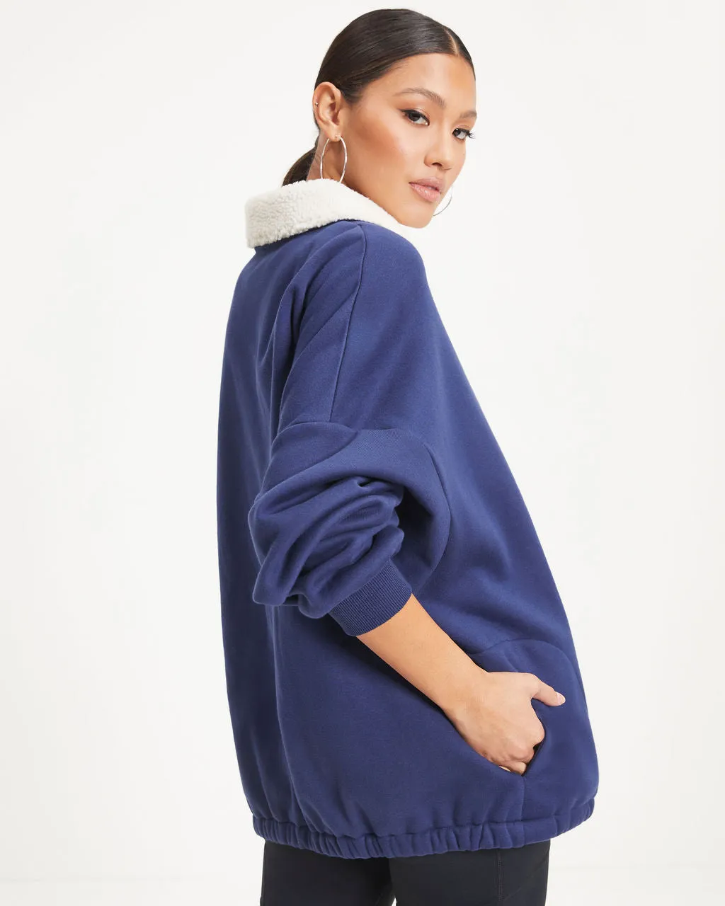 Hamptons Sports Half Zip Sherpa Trim Pocketed Pullover Sweater