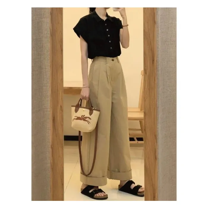 High Waist Plain Wide Leg Pants