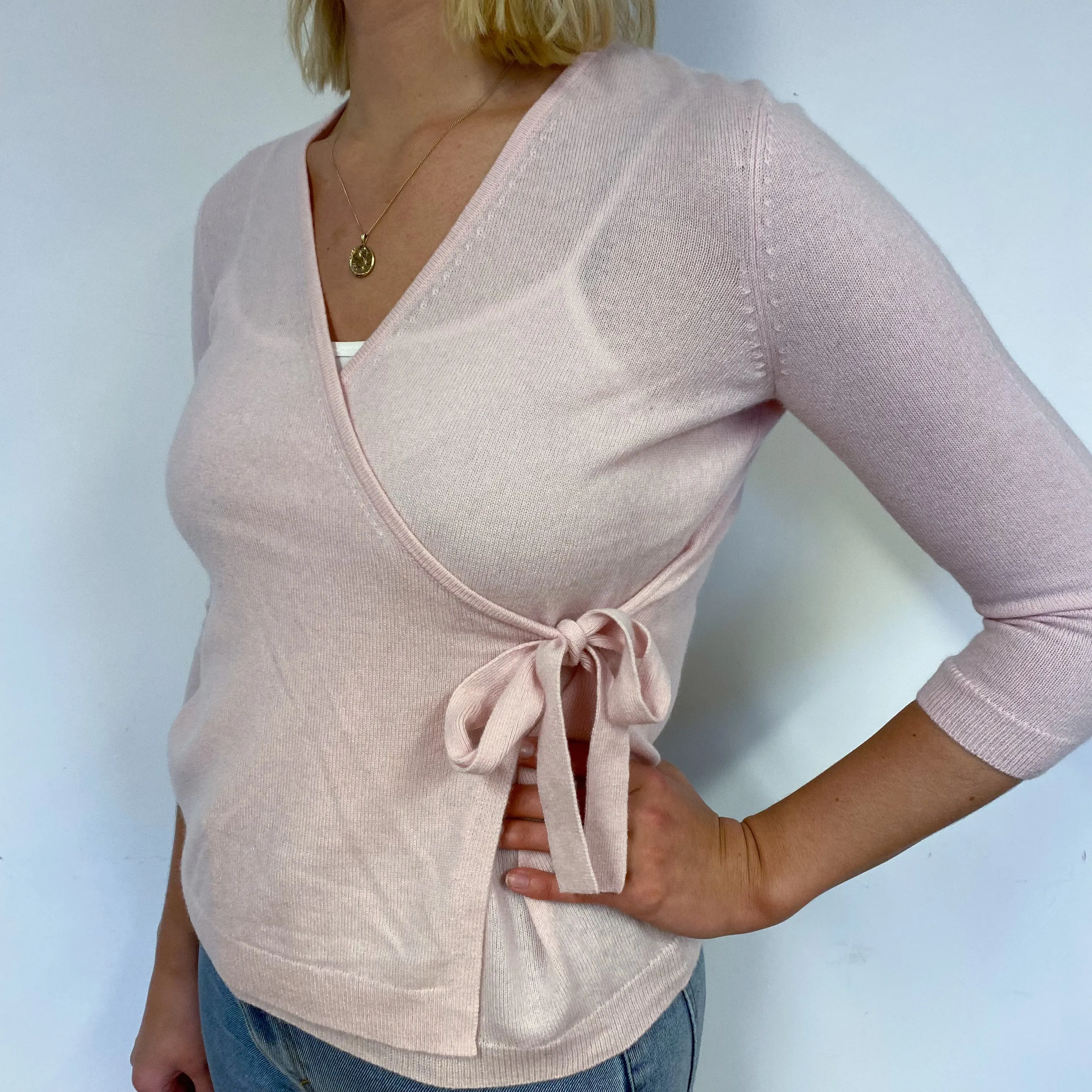 Ice Pink Cross-Over Cashmere V-Neck Jumper Small
