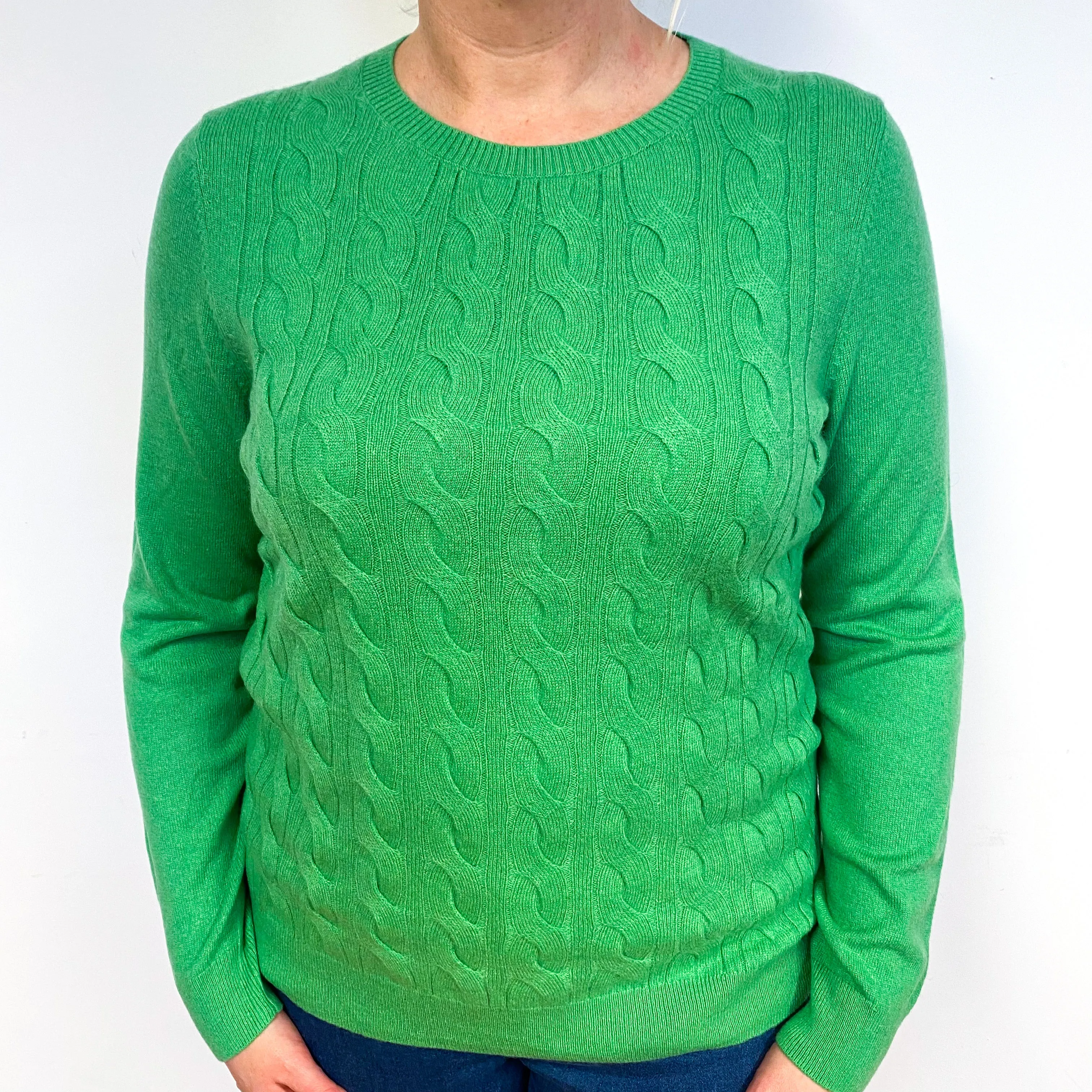 Jade Green Cable Cashmere Crew Neck Jumper Large