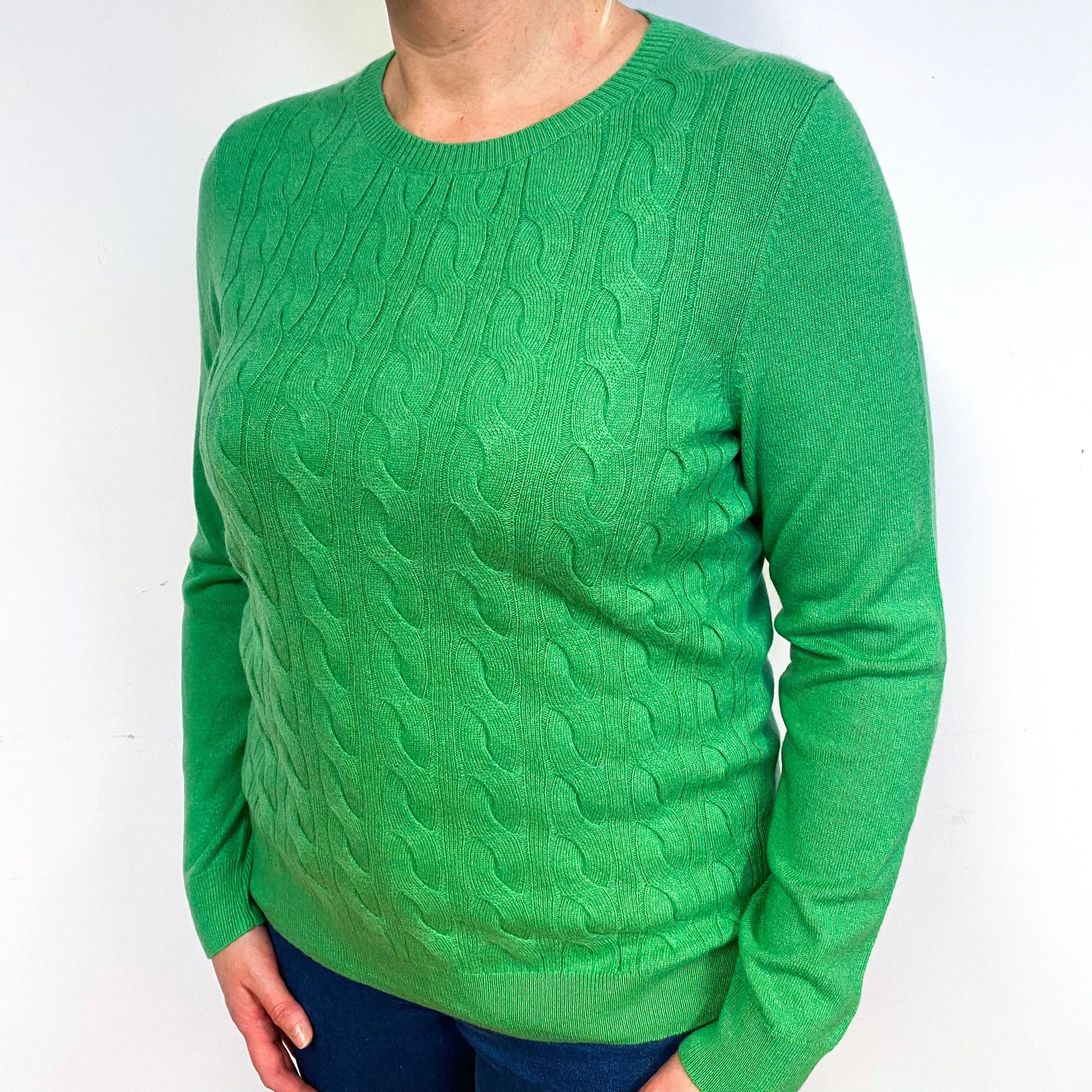 Jade Green Cable Cashmere Crew Neck Jumper Large