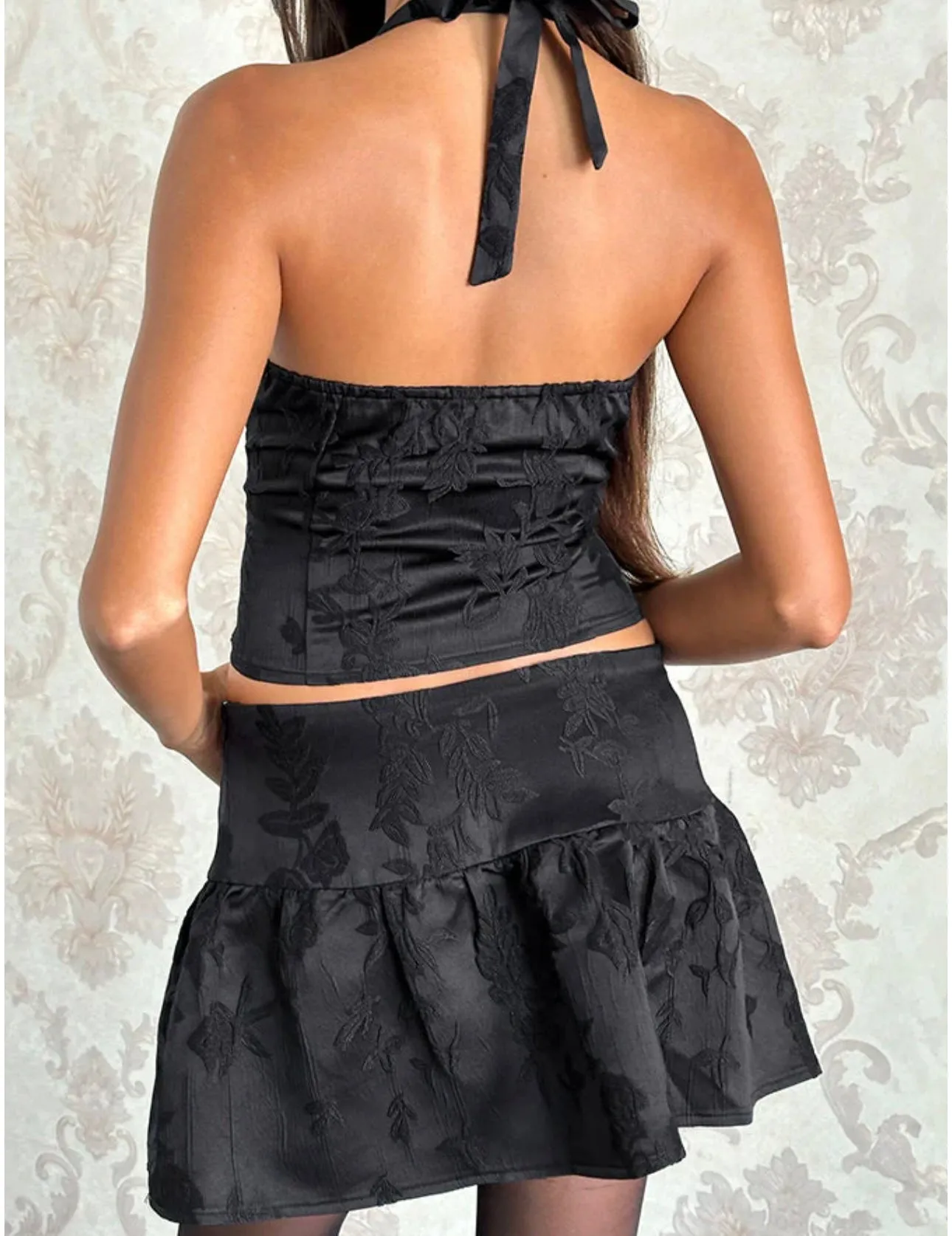 Kampi Halter Top-Satin Jacquard Black