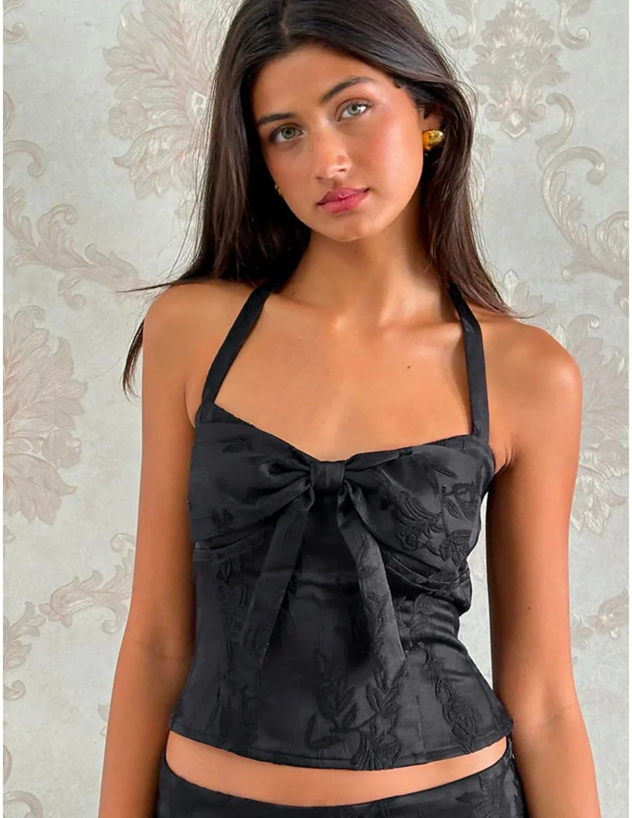 Kampi Halter Top-Satin Jacquard Black
