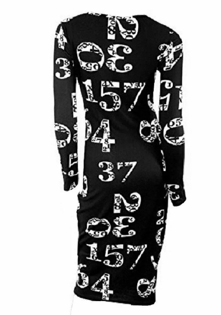 Ladies Black & White Numeric Print Bodycon Dress