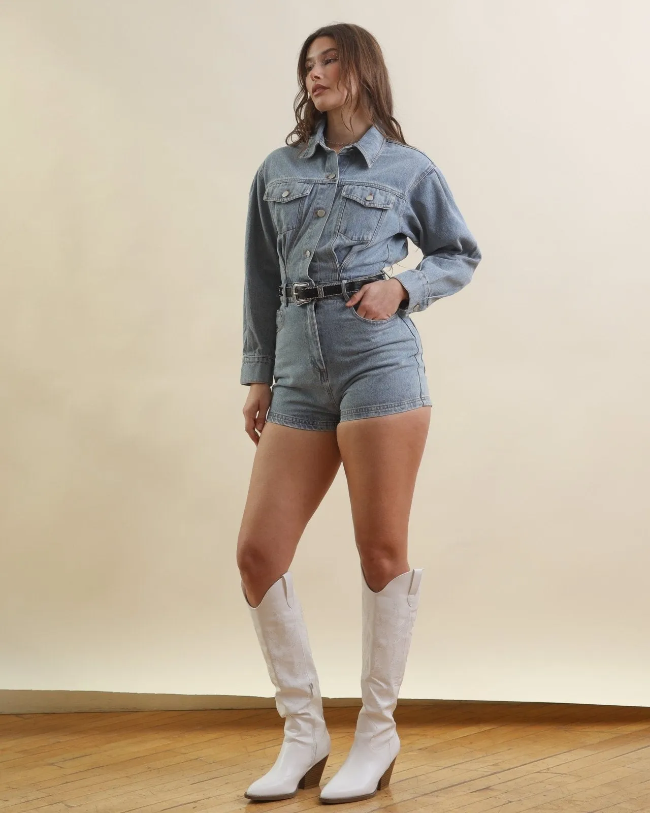 Light Wash Long Sleeve Denim Romper