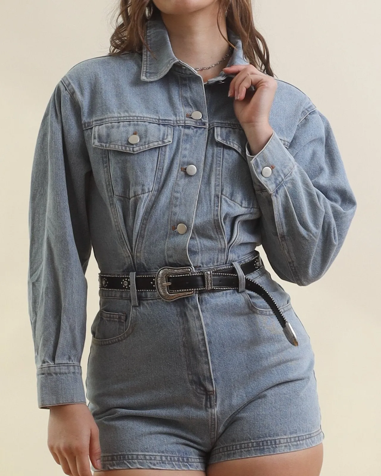 Light Wash Long Sleeve Denim Romper