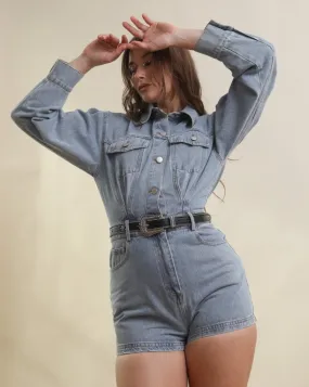 Light Wash Long Sleeve Denim Romper