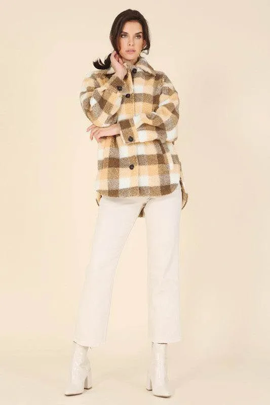 Lilou Plaid Sherpa Shirt Collar Jacket With Pockets