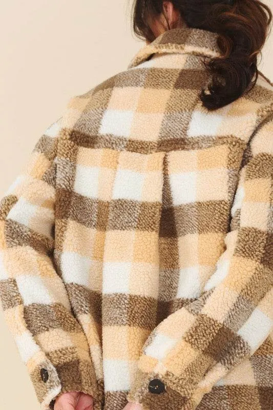 Lilou Plaid Sherpa Shirt Collar Jacket With Pockets
