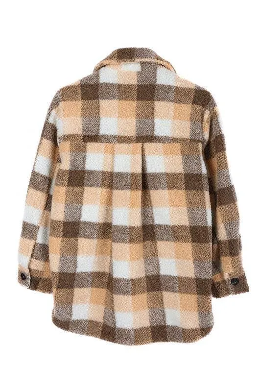 Lilou Plaid Sherpa Shirt Collar Jacket With Pockets
