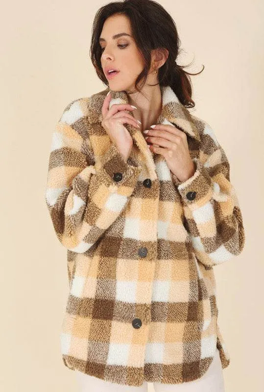 Lilou Plaid Sherpa Shirt Collar Jacket With Pockets