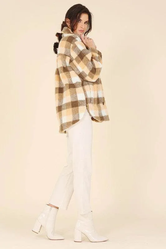 Lilou Plaid Sherpa Shirt Collar Jacket With Pockets