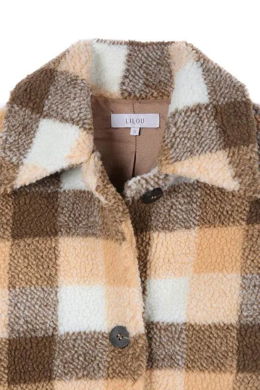 Lilou Plaid Sherpa Shirt Collar Jacket With Pockets