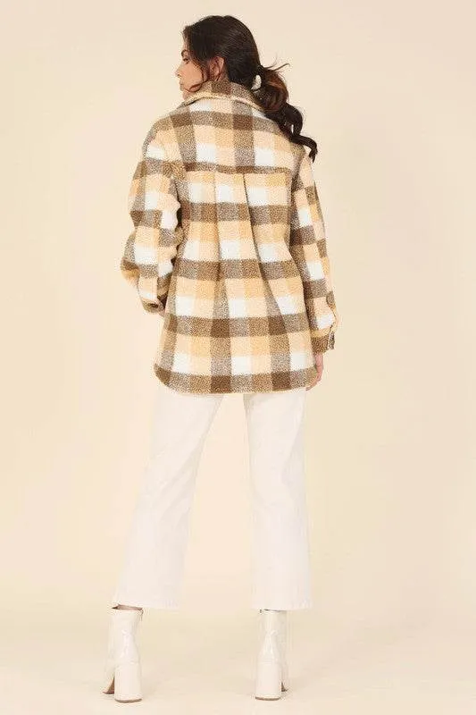 Lilou Plaid Sherpa Shirt Collar Jacket With Pockets