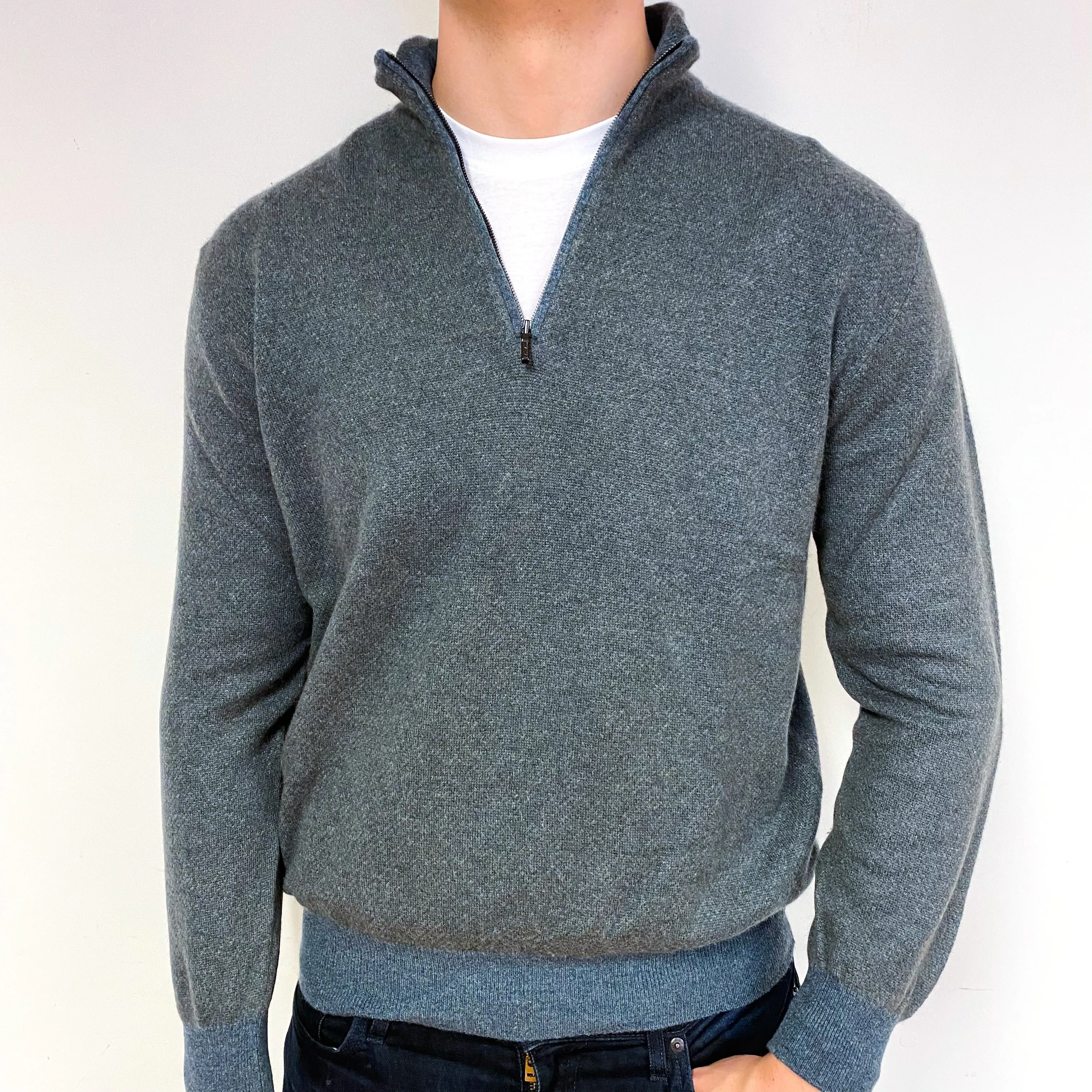 Men's Loro Piana Blue Two Tone Cashmere 1/4 Zip Jumper Extra Large