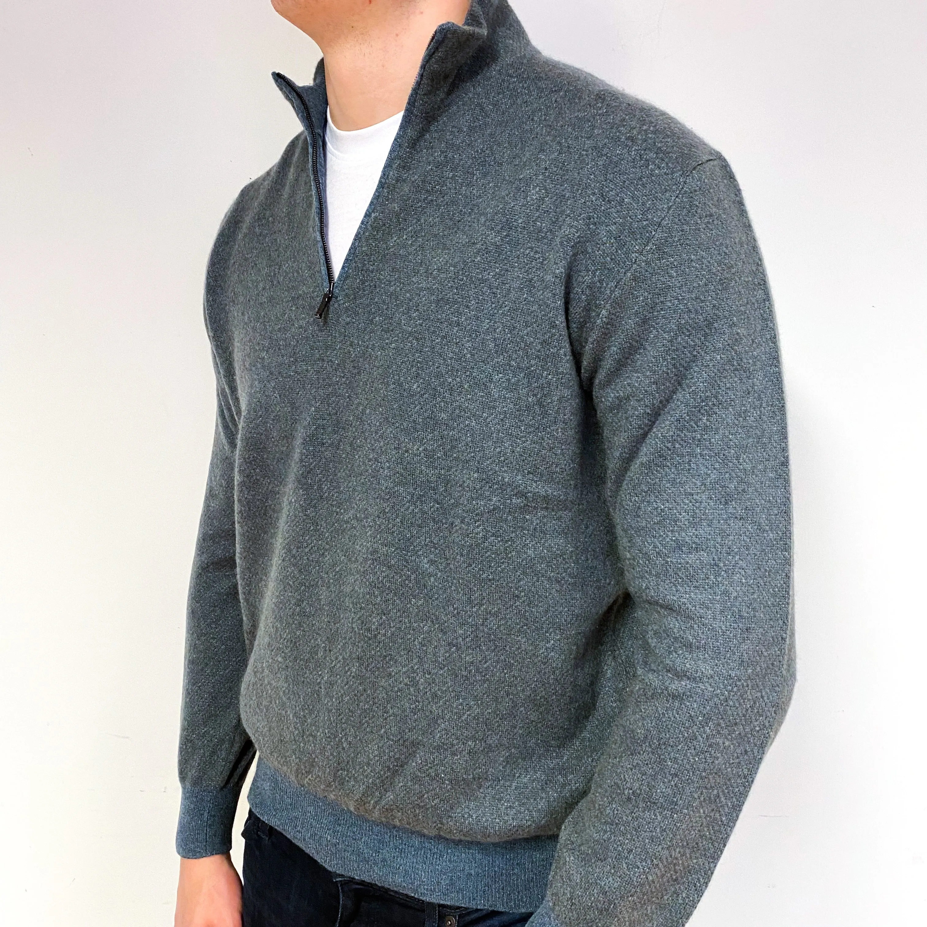 Men's Loro Piana Blue Two Tone Cashmere 1/4 Zip Jumper Extra Large