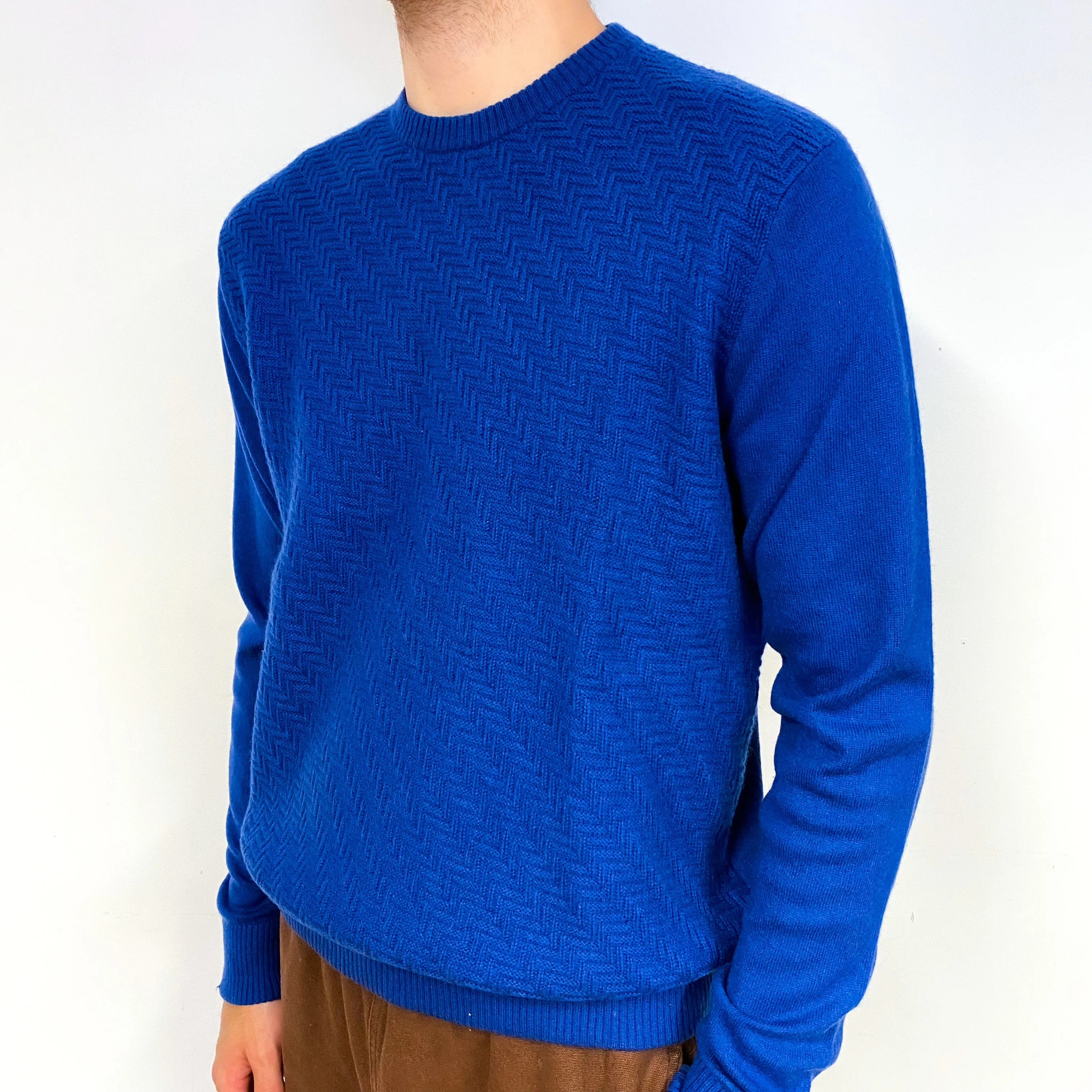 Men's Royal Blue Zigzag Cashmere Crew Neck Jumper Large
