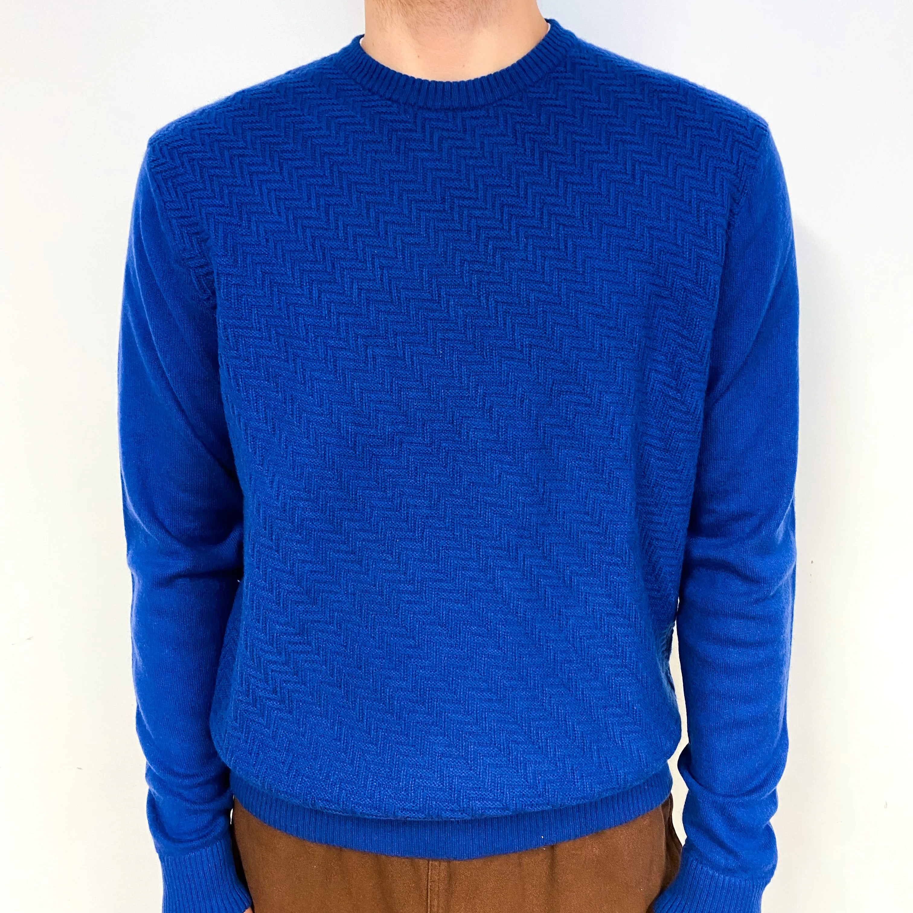 Men's Royal Blue Zigzag Cashmere Crew Neck Jumper Large