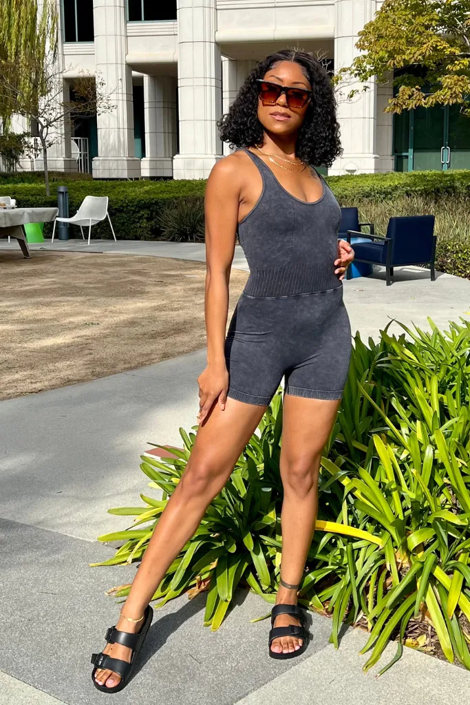 Mineral Wash Seamless Romper - Ash Black
