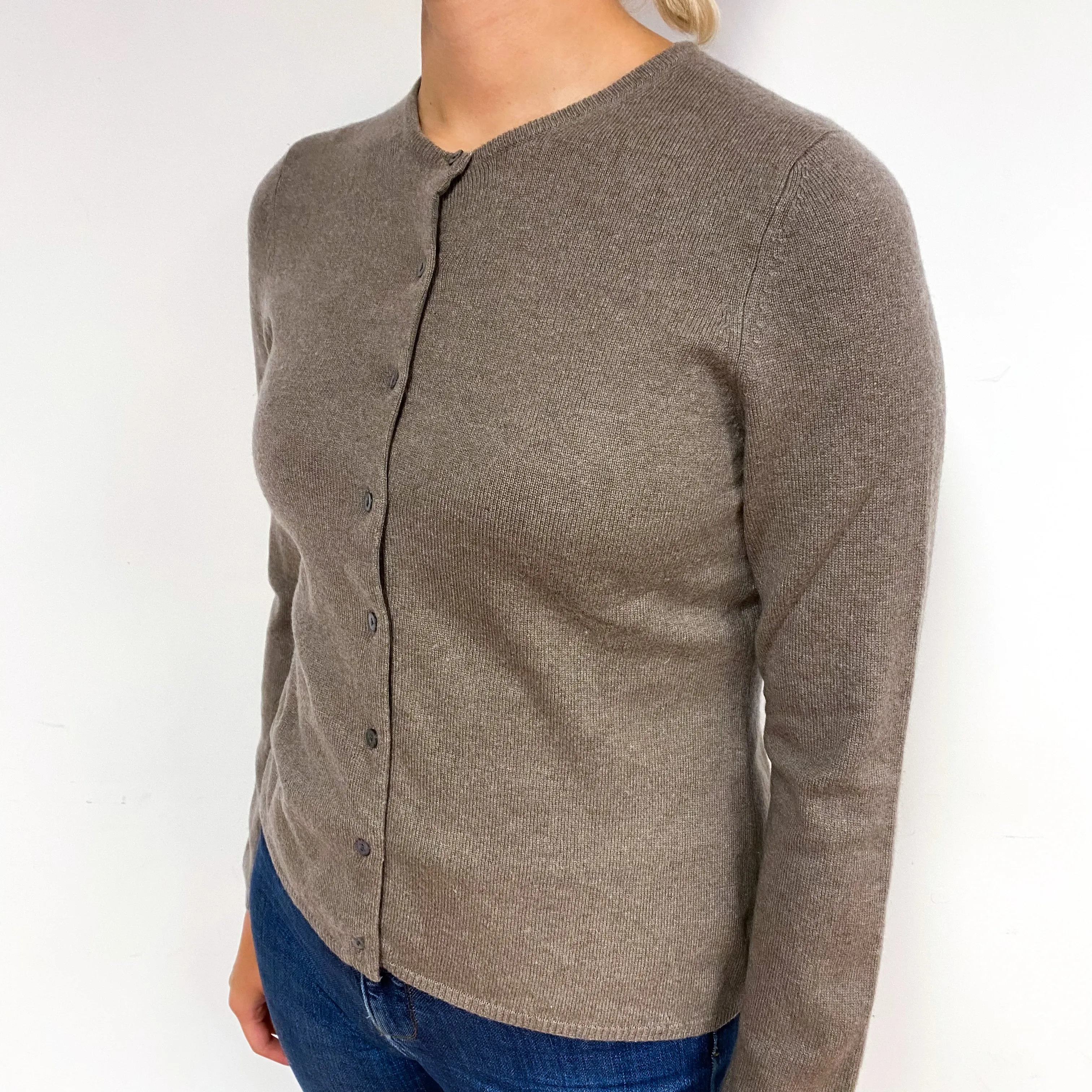Mocha Brown Cashmere Crew Neck Cardigan Small/Petite